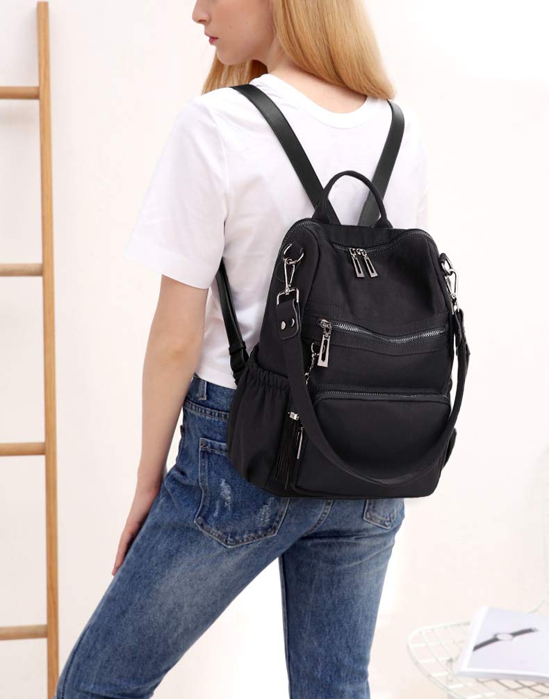 UTO Women Backpack Purse Nylon Fabric Ladies Fashion Designer Rucksack Convertible Travel Shoulder Bag with Tassel Black - Image 2