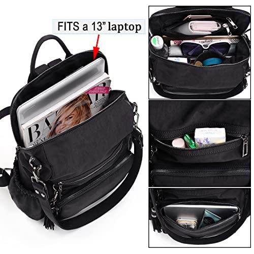 UTO Women Backpack Purse Nylon Fabric Ladies Fashion Designer Rucksack Convertible Travel Shoulder Bag with Tassel Black - Image 4