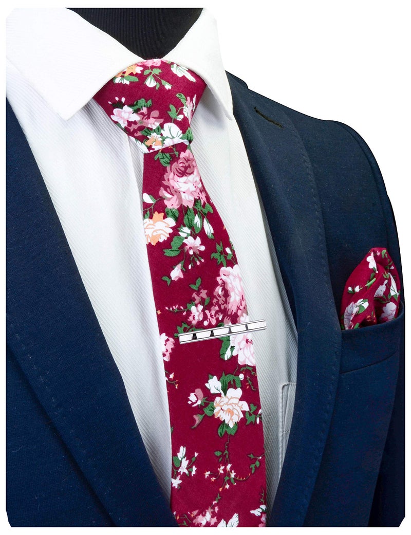 GUSLESON Mens Burgundy Tie Floral Cotton Ties for Men Slim Skinny Necktie and Pocket Square Clip Sets (0941-02) - Image 2