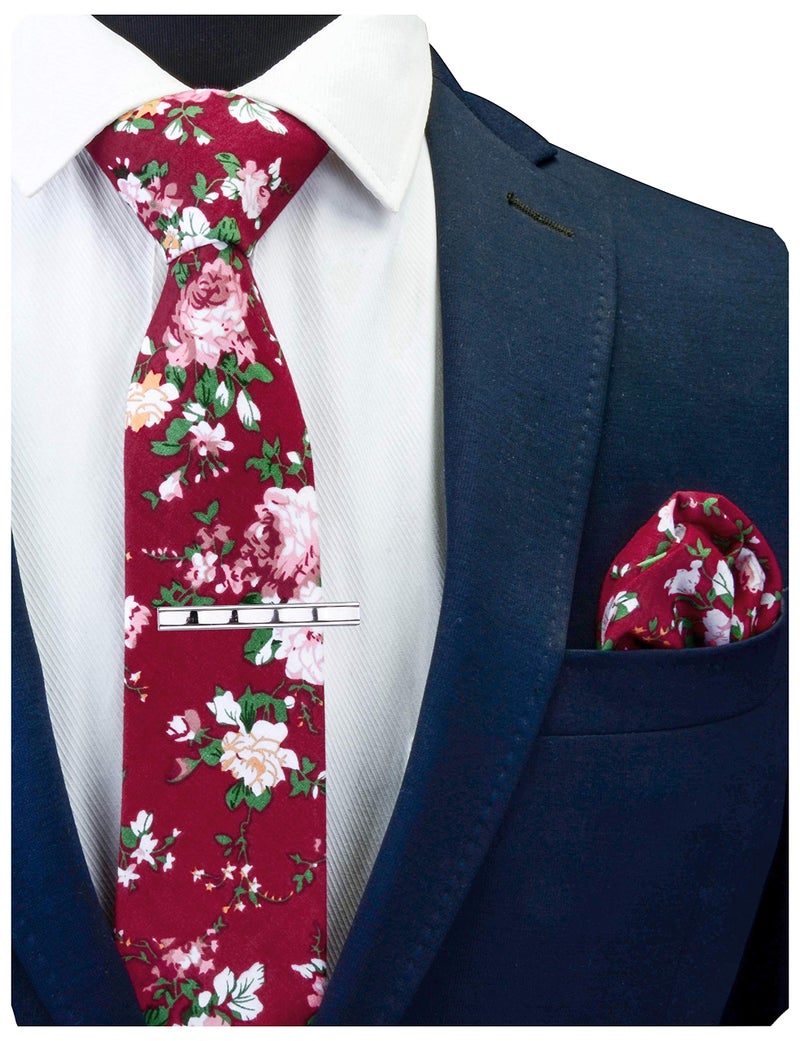 GUSLESON Mens Burgundy Tie Floral Cotton Ties for Men Slim Skinny Necktie and Pocket Square Clip Sets (0941-02) - Image 3
