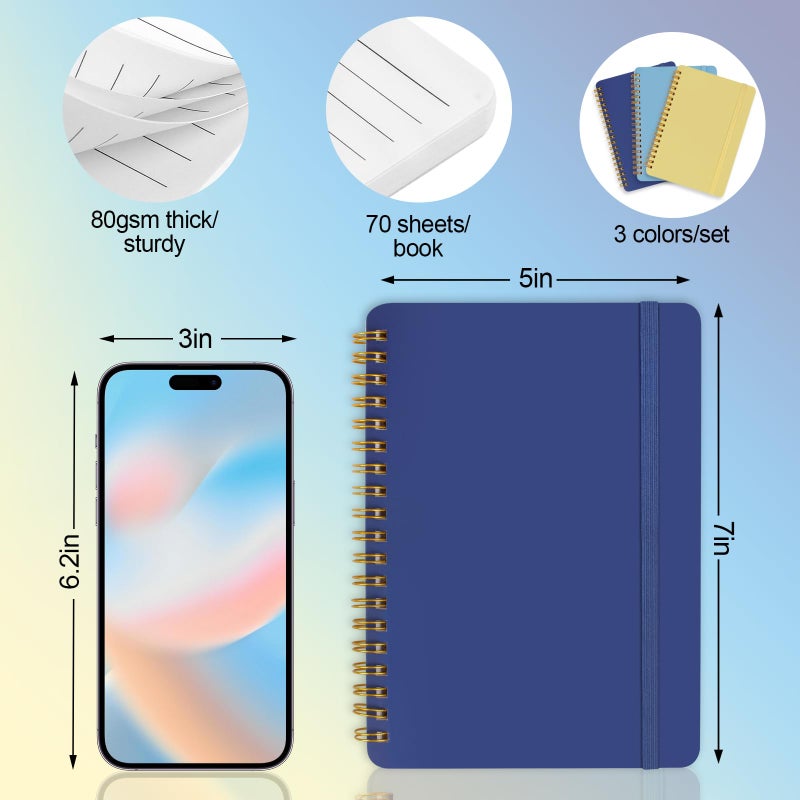 Utron 3 PCS Small Spiral Notebook 5x7, Notebooks for Note Taking, Blue Color Scheme Spiral Journal Notebook, Work Notebook Small Notebooks 5x7 with Strap, Cute Notebooks for Women 70 Sheets/Note Books - Image 2