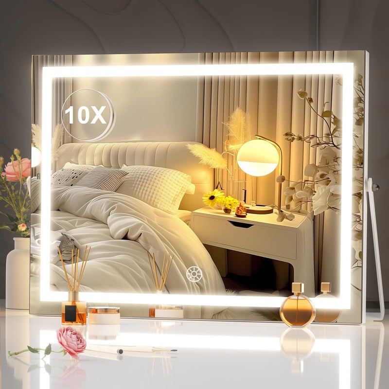 Hasipu مرآة تجميل هاسيبو مع أضواء 177 × 138 مرآة مكياج LED مع تكبير 10X لمسة ذكية 3 ألوان قابل للتعتيم ضبط السطوع دوران 360 أبيض