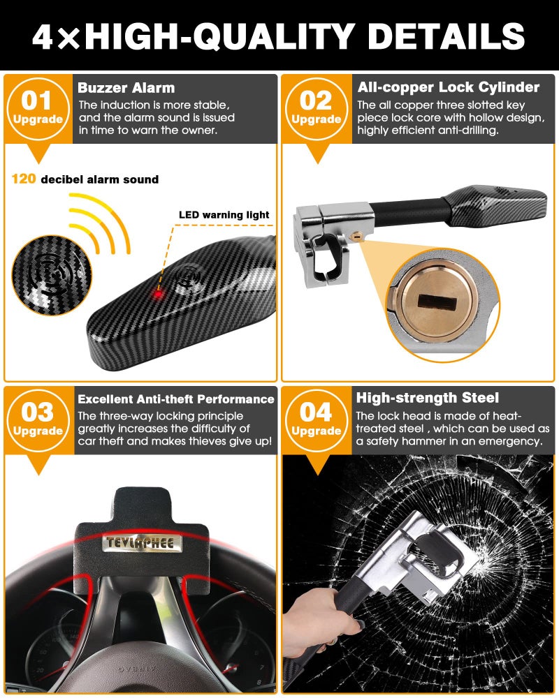 Tevlaphee Steering Wheel Lock with Alarm,Heavy Duty Anti-Theft Car Device Car Lock Car Theft Prevention Universal Fit for Vehicle Truck Van SUV Car Security with 2 Keys - Image 3