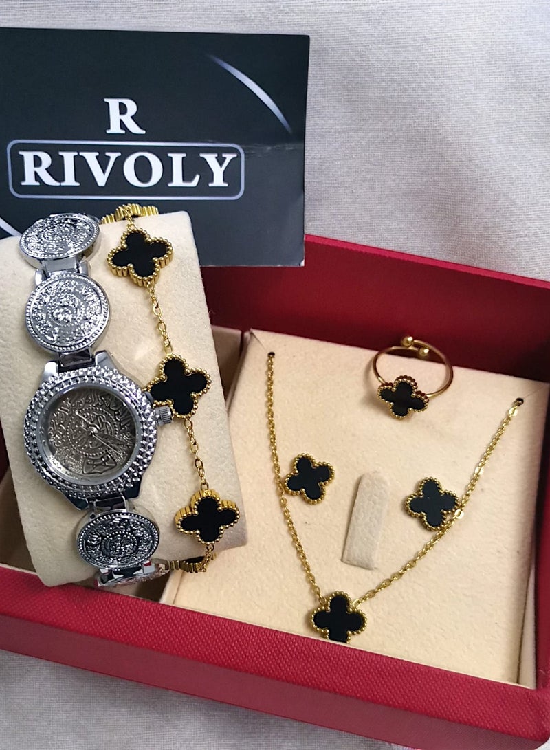 ريفولي طقم نسائي أنيق من الفولاذ المقاوم للصدأ يتكون من ساعة مقاومة للماء مع مجموعة من الأساور والخواتم والقلائد والأقراط - Image 1