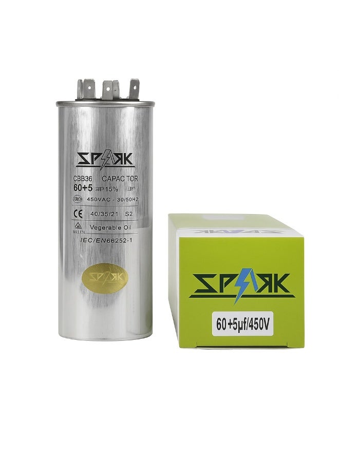 Capacitor for A/C 60+5 Mfd uF (microfarads) 370 or 450VAC CBB65 Round Universal fit for hvac and other applications 5-1/4 in High 2-1/8 in Wide CON-60/5-450 Replaces CAP-60/5-450