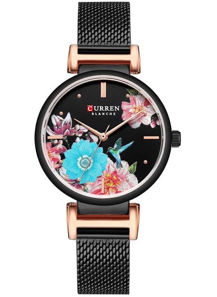 CURREN - CURREN 9053 Stainless Steel Watch, Beautiful Flower Design Wrist Watch for Women (Black) - Image 1