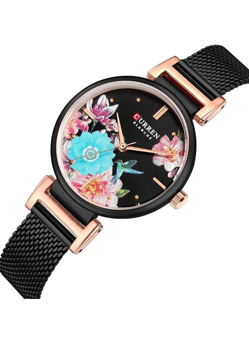CURREN - CURREN 9053 Stainless Steel Watch, Beautiful Flower Design Wrist Watch for Women (Black) - Image 1
