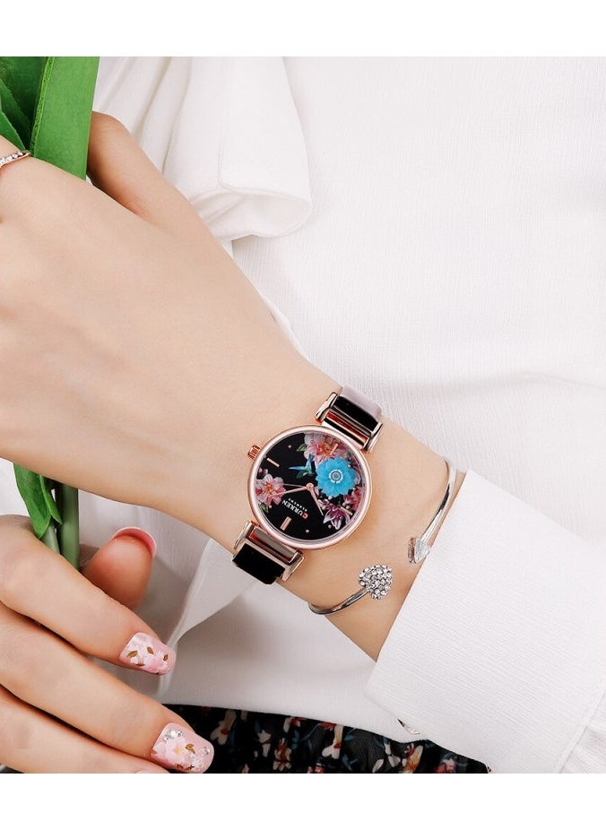 CURREN - CURREN 9053 Stainless Steel Watch, Beautiful Flower Design Wrist Watch for Women (Black) - Image 1