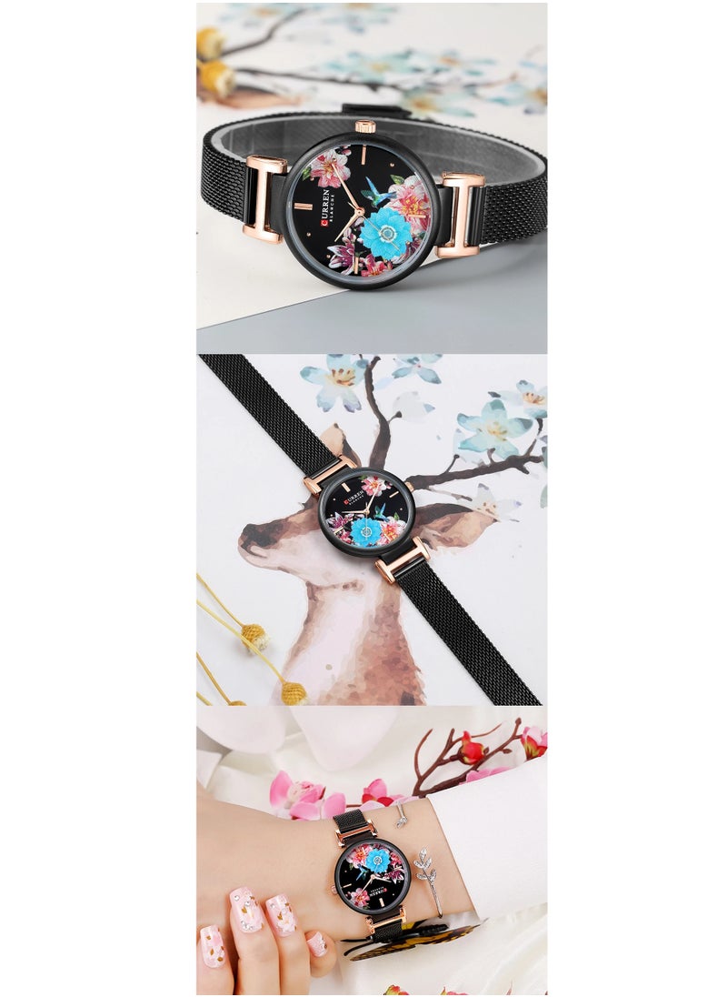 CURREN - CURREN 9053 Stainless Steel Watch, Beautiful Flower Design Wrist Watch for Women (Black) - Image 1