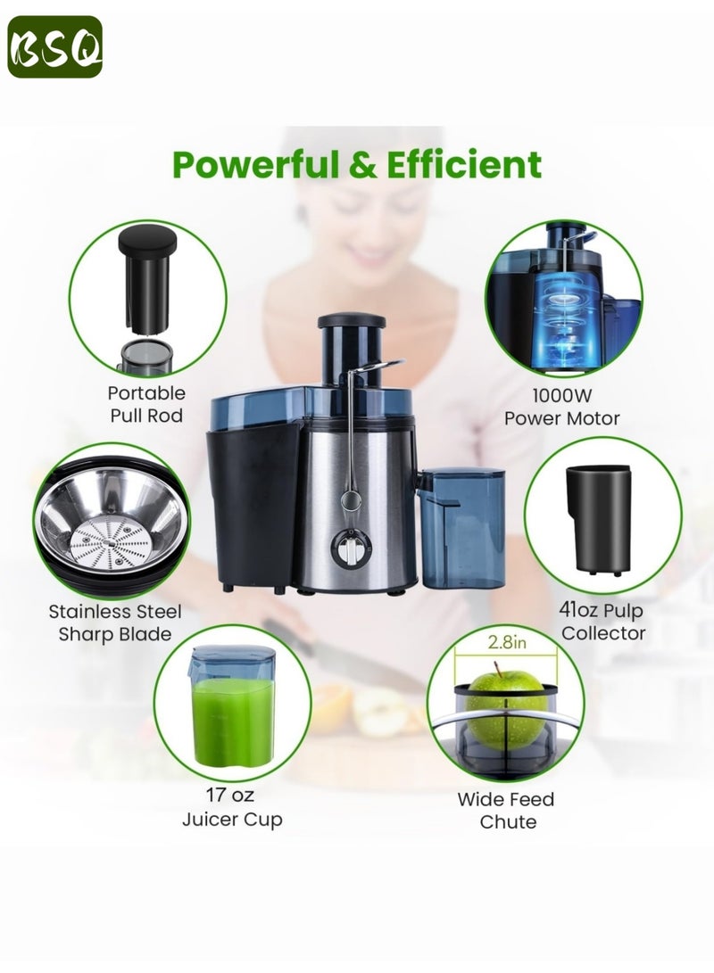 BSQ 1000W High-Power Electric Fruit and Vegetable Juicer | Stainless Steel Centrifugal Juicer (BPA-free) | Equipped with a large 500ml juicing cup | Features a larger 7cm/2.8-inch feeding chute | 3 speed settings | Full copper motor | Easy to clean - Image 3