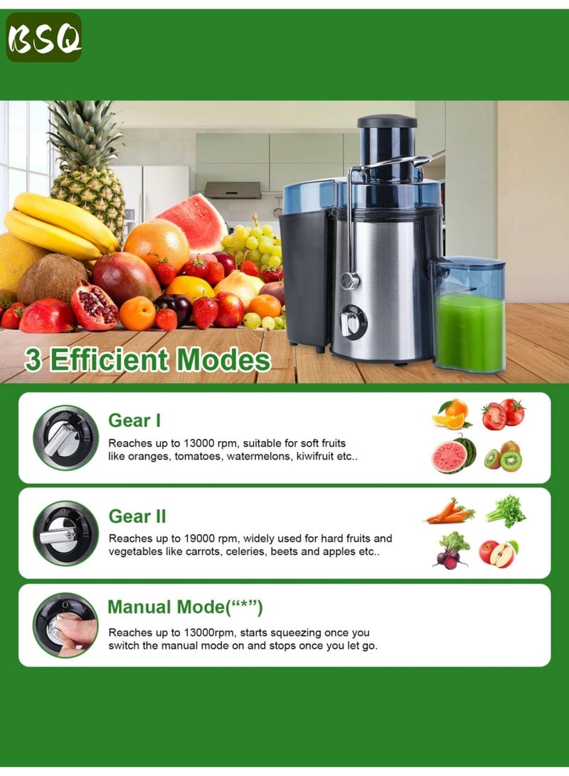 BSQ 1000W High-Power Electric Fruit and Vegetable Juicer | Stainless Steel Centrifugal Juicer (BPA-free) | Equipped with a large 500ml juicing cup | Features a larger 7cm/2.8-inch feeding chute | 3 speed settings | Full copper motor | Easy to clean - Image 4