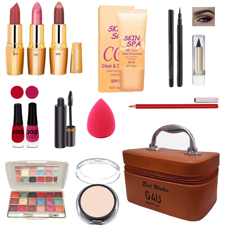 G4U G4U All in One Makeup Kit Gift SetEyeshadowEyeliner PenFoundation3 LipsticksKajalLip LinerPuffMascara2nail PolishCompactPerfect for Party Wedding makeup With Makeup BoxSet Of 14Pcs ST 12 - Image 1