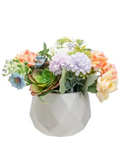 MyGift MyGift Artificial Floral Pastel Rose Arrangement with Green Succulent Plants in White Geometric Ceramic Flower Pot  - Image 1