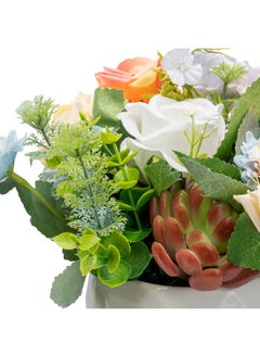 MyGift MyGift Artificial Floral Pastel Rose Arrangement with Green Succulent Plants in White Geometric Ceramic Flower Pot  - Image 5