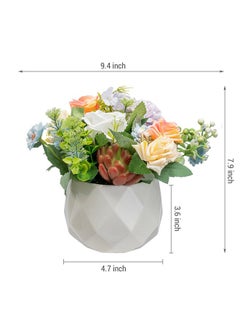 MyGift MyGift Artificial Floral Pastel Rose Arrangement with Green Succulent Plants in White Geometric Ceramic Flower Pot  - Image 4
