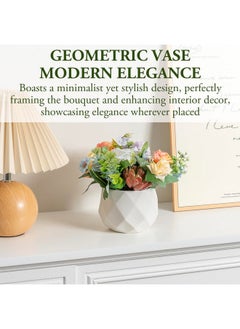 MyGift MyGift Artificial Floral Pastel Rose Arrangement with Green Succulent Plants in White Geometric Ceramic Flower Pot  - Image 3