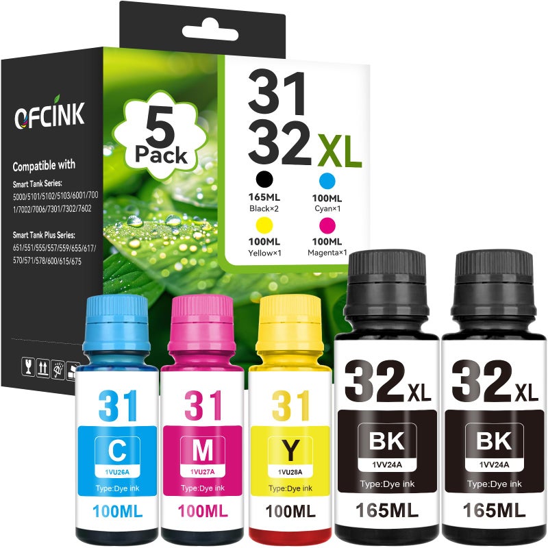 OFCINK 31 32XL Ink Bottle Set Smart Tank 5000 5101 7602 570 651 Ink Refill Compatible with HP 31 Ink 32XL Black Ink Bottle Set Compatible with HP Smart Tank 5000 5101 7602 570 651 6001 7001 7301 Printers - Image 2