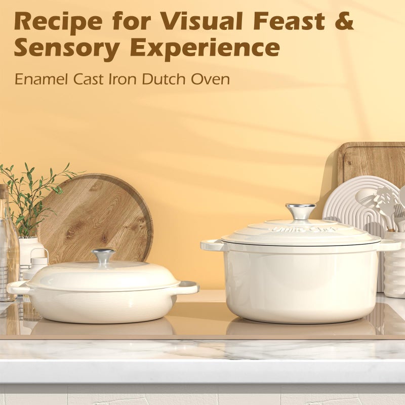 Umite Chef وعاء هولندي من الحديد الزهر المينا - وعاء أوميت شيف 5QT مع غطاء وقبضات قطنية - أدوات طهي ثقيلة لتحضير الخبز، والطهي البطيء، واليخنات، والشواء (أبيض كريمي) - Image 2