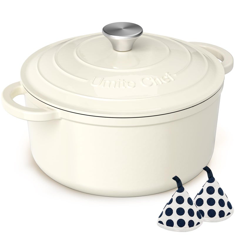 Umite Chef وعاء هولندي من الحديد الزهر المينا - وعاء أوميت شيف 5QT مع غطاء وقبضات قطنية - أدوات طهي ثقيلة لتحضير الخبز، والطهي البطيء، واليخنات، والشواء (أبيض كريمي) - Image 1