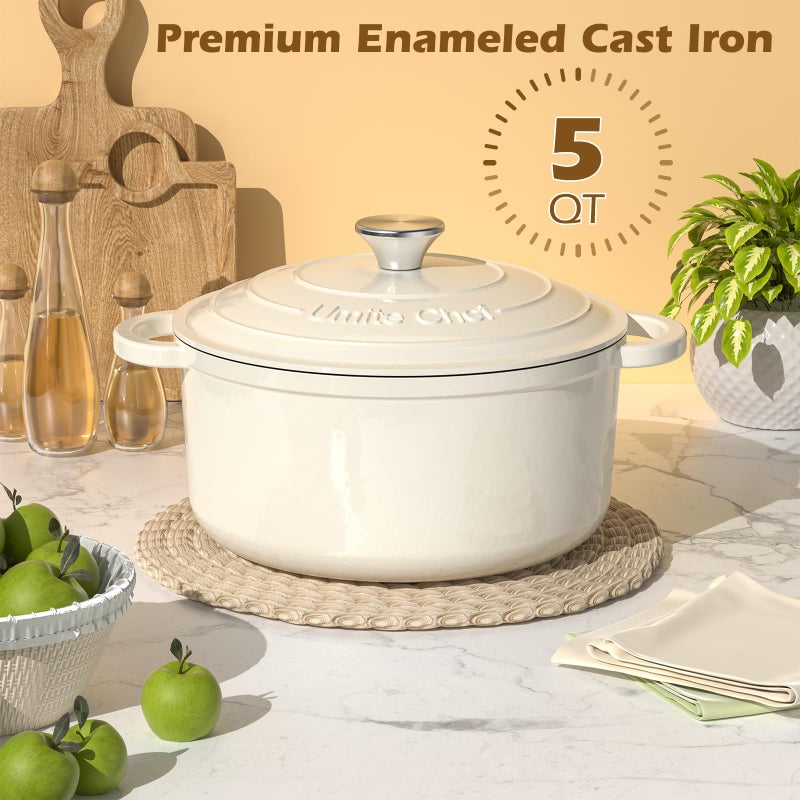 Umite Chef وعاء هولندي من الحديد الزهر المينا - وعاء أوميت شيف 5QT مع غطاء وقبضات قطنية - أدوات طهي ثقيلة لتحضير الخبز، والطهي البطيء، واليخنات، والشواء (أبيض كريمي) - Image 3