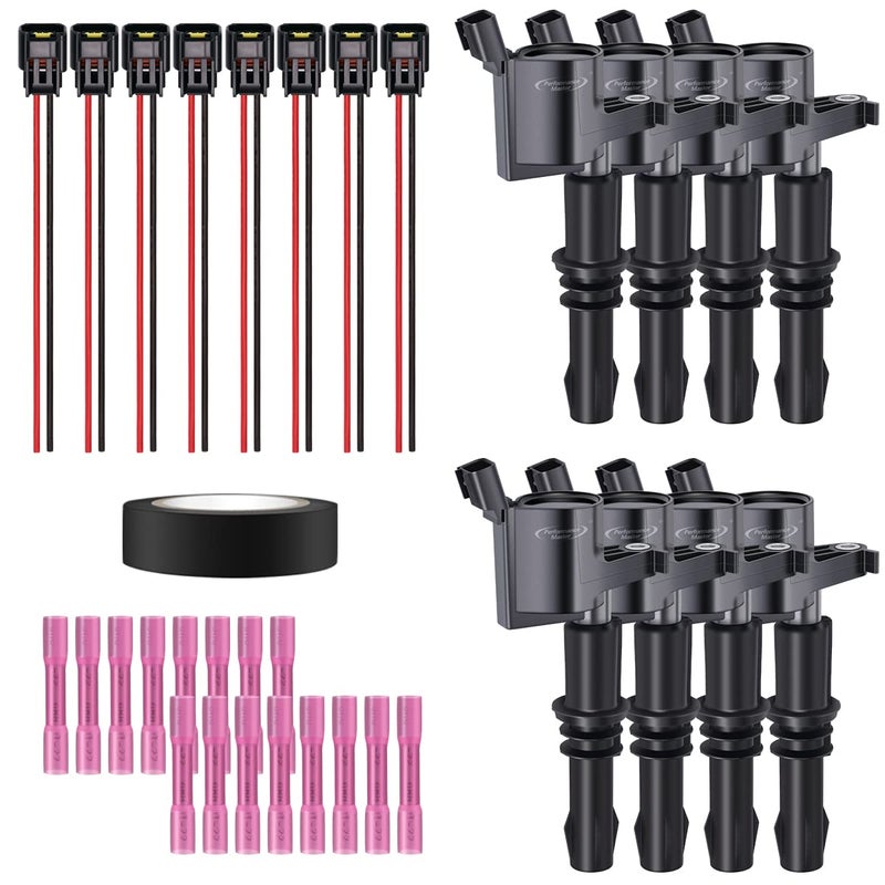 Performance Master Set of 8 Straight Boot Ignition Coils Pigtail Connector Wiring Harness Kit Compatible with Ford Expedition F150 F350 Lincoln Mark LT Replacement for C1541 FD508