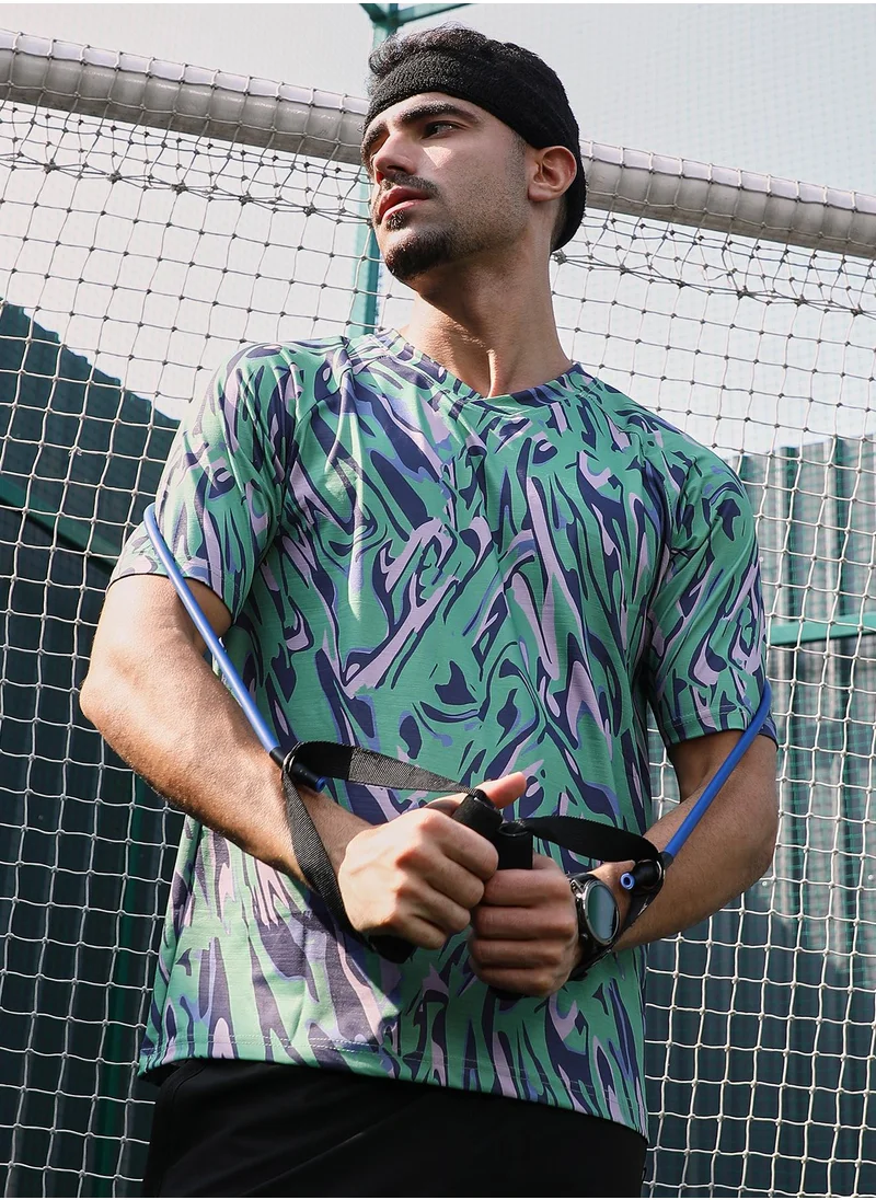 Campus Sutra Campus Sutra Men's Mint Green & Navy Blue Abstract-Overlap Activewear T-Shirt For Casual Wear | V-Neck | Short Sleeves | Jersey T-Shirt Crafted With Comfort Fit For Everyday Wear