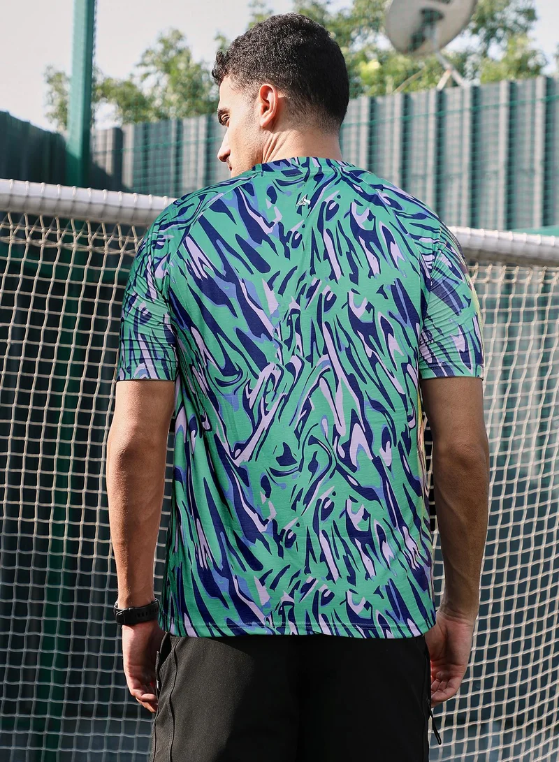 Campus Sutra Campus Sutra Men's Mint Green & Navy Blue Abstract-Overlap Activewear T-Shirt For Casual Wear | V-Neck | Short Sleeves | Jersey T-Shirt Crafted With Comfort Fit For Everyday Wear