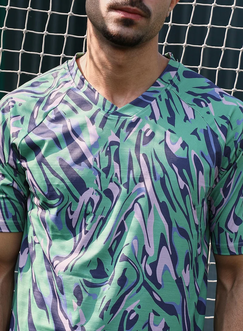 Campus Sutra Campus Sutra Men's Mint Green & Navy Blue Abstract-Overlap Activewear T-Shirt For Casual Wear | V-Neck | Short Sleeves | Jersey T-Shirt Crafted With Comfort Fit For Everyday Wear