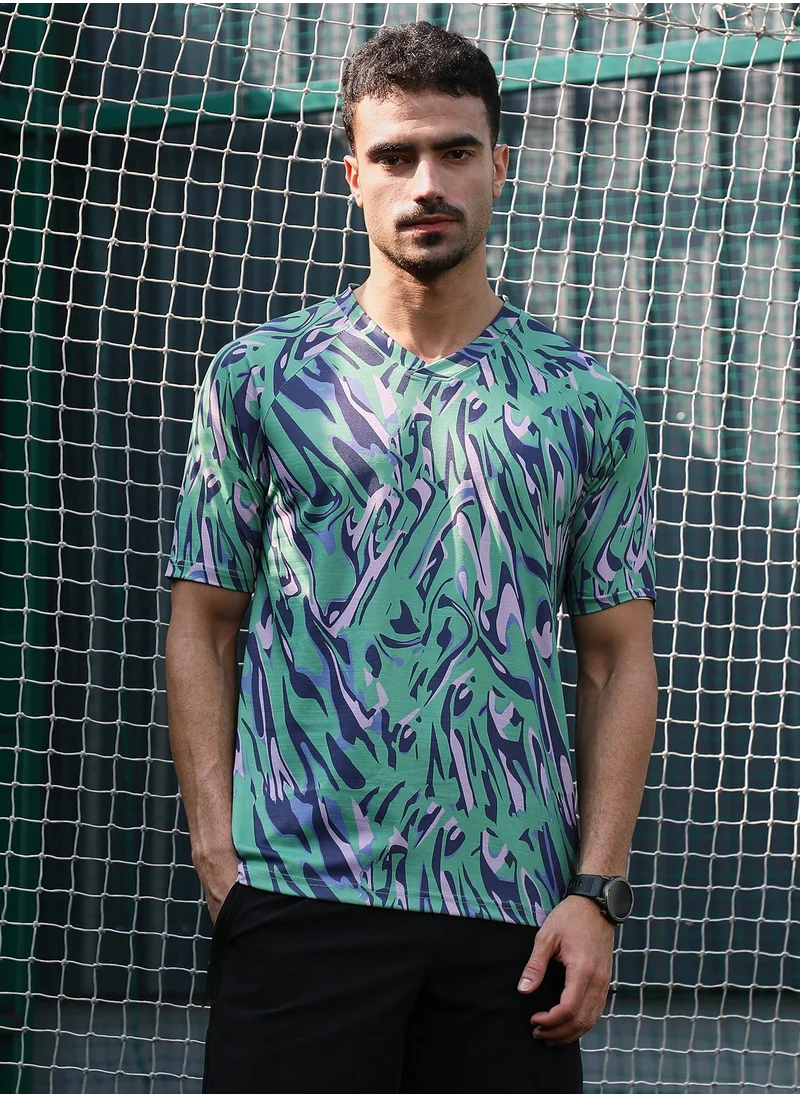Campus Sutra Campus Sutra Men's Mint Green & Navy Blue Abstract-Overlap Activewear T-Shirt For Casual Wear | V-Neck | Short Sleeves | Jersey T-Shirt Crafted With Comfort Fit For Everyday Wear