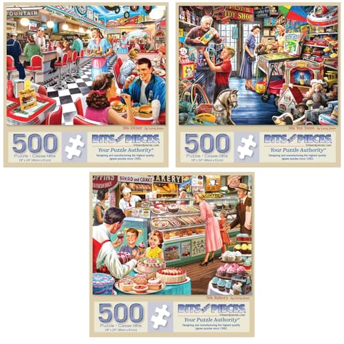 Bits and Pieces ألغاز بتس آند بييس 500 قطعة للبالغين لاري جونز 3 عبوات ألغاز كبيرة 18 × 24 بوصة 500 قطعة من أمريكا في الخمسينات لا قطعتين متشابهتين - Image 1