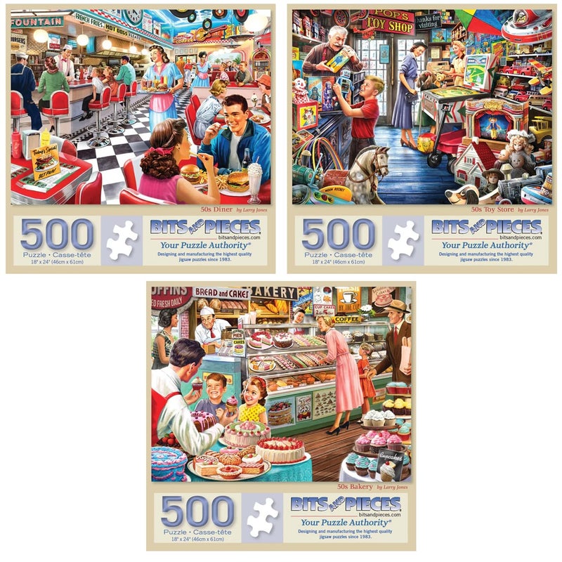 Bits and Pieces ألغاز بتس آند بييس 500 قطعة للبالغين لاري جونز 3 عبوات ألغاز كبيرة 18 × 24 بوصة 500 قطعة من أمريكا في الخمسينات لا قطعتين متشابهتين - Image 3