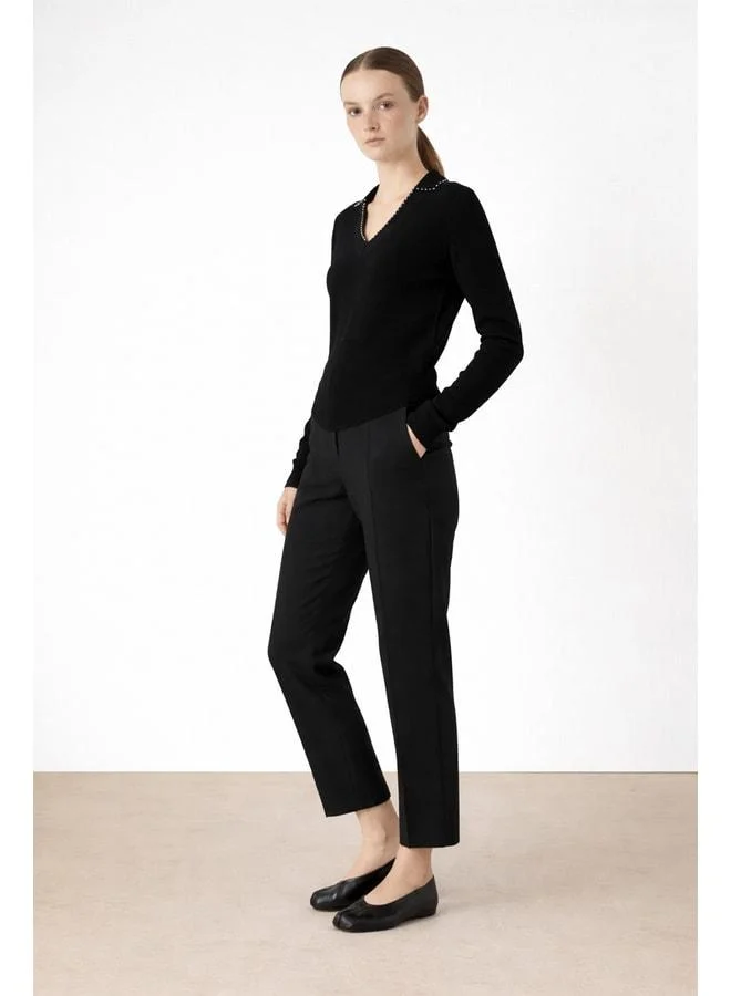 Mısırlı 1951 Women's Sweater with Black Side and Pearl Details