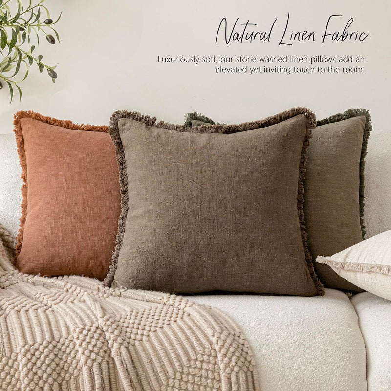 Foindtower Set of 2 Decorative Linen Fringe Throw Pillow Covers Cozy Boho Farmhouse Cushion Cover with Tassels Soft Accent Pillowcase for Couch Sofa Bed Living Room Home Decor,18Ã—18 Inch,Light Brown - Image 5