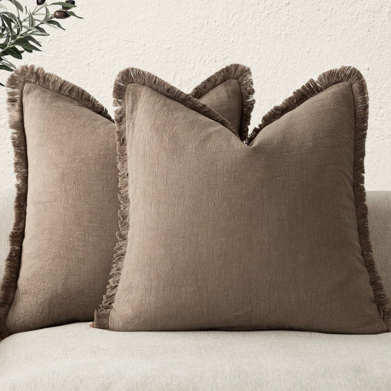 Foindtower Set of 2 Decorative Linen Fringe Throw Pillow Covers Cozy Boho Farmhouse Cushion Cover with Tassels Soft Accent Pillowcase for Couch Sofa Bed Living Room Home Decor,18Ã—18 Inch,Light Brown - Image 1