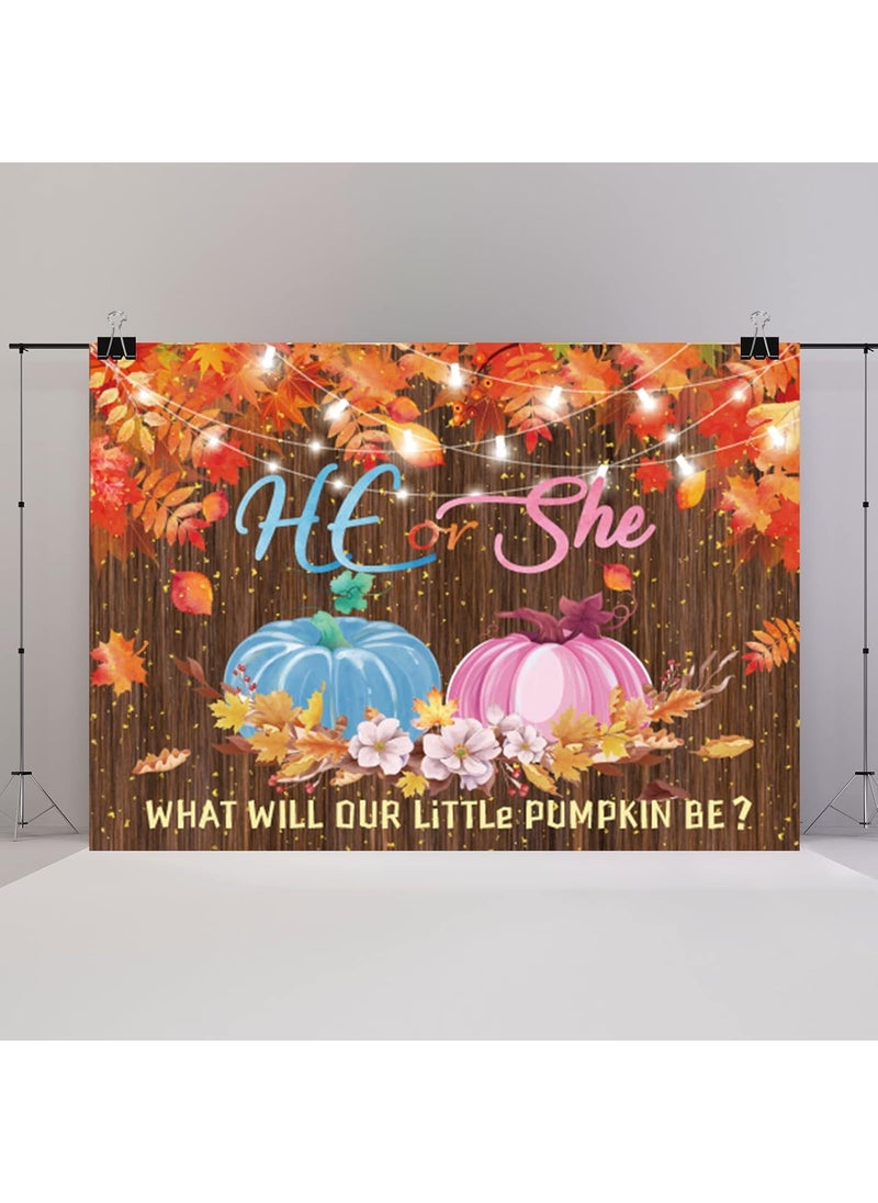 Moukeren Moukeren 7 x 5 ft Fall Pumpkin Gender Reveal Backdrop He or She What Will Our Little Pumpkin Be Photography Background Party Supplies Thanksgiving Baby Shower Decoration Banner Photo Booth Props  - Image 3