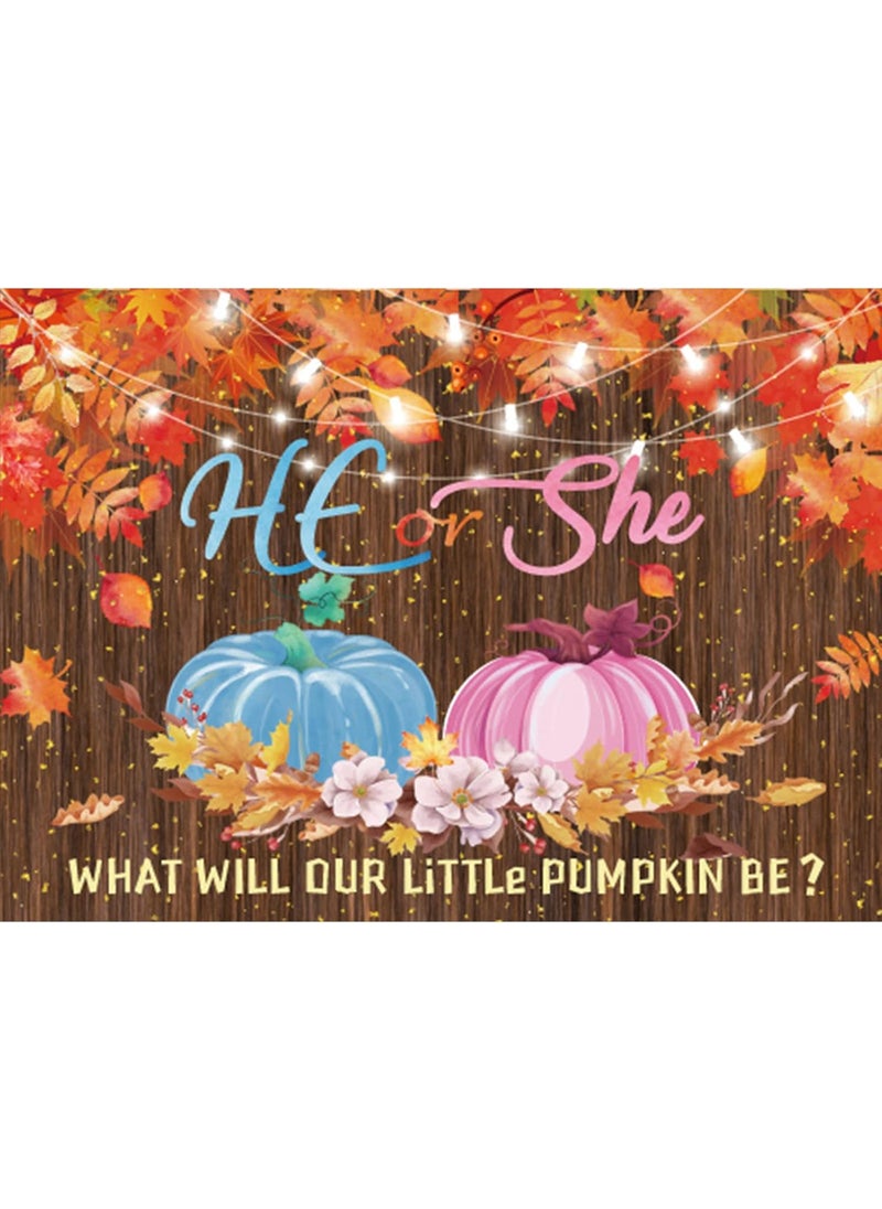 Moukeren Moukeren 7 x 5 ft Fall Pumpkin Gender Reveal Backdrop He or She What Will Our Little Pumpkin Be Photography Background Party Supplies Thanksgiving Baby Shower Decoration Banner Photo Booth Props  - Image 1