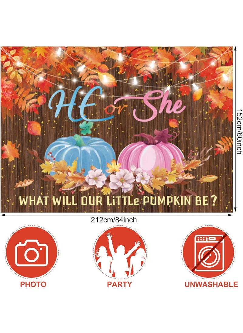 Moukeren Moukeren 7 x 5 ft Fall Pumpkin Gender Reveal Backdrop He or She What Will Our Little Pumpkin Be Photography Background Party Supplies Thanksgiving Baby Shower Decoration Banner Photo Booth Props  - Image 4