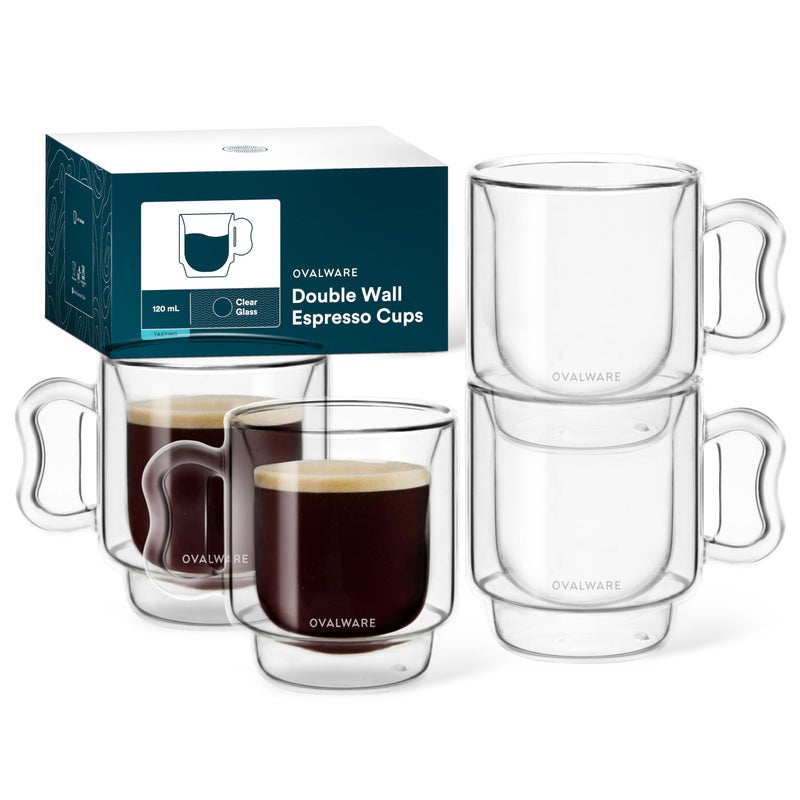 ovalware RJ3 Espresso Coffee Glass Cups 4oz120ml Set of 4 Double Walled wSolid Butterfly Handle  Elegant Borosilicate Espresso Shot Mug  Stackable Insulated Transparent Demitasse Glass