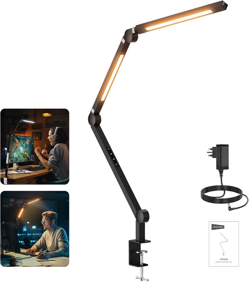 Neewer NEEWRE Basics 42.5" Clip On Desk Lamp for Home Office, 12W Aluminum Alloy Dual Bar LED Dimmable Architect Table Light Bi Color for Monitor Computer Drafting Video Conference Lighting, CRI95+, ME-DL02 - Image 1