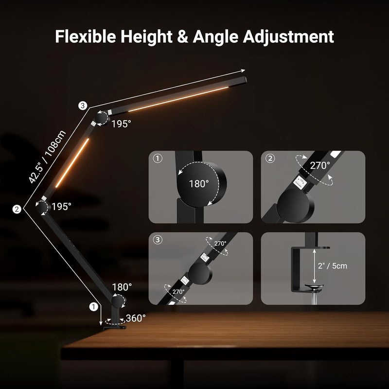 Neewer NEEWRE Basics 42.5" Clip On Desk Lamp for Home Office, 12W Aluminum Alloy Dual Bar LED Dimmable Architect Table Light Bi Color for Monitor Computer Drafting Video Conference Lighting, CRI95+, ME-DL02 - Image 4