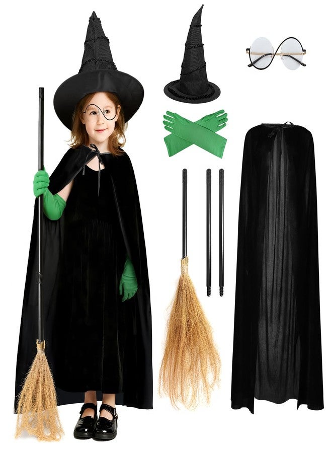 VZQI 3 Pcs Wicked Kids Witch Costume Girls Green Witch Movie Cosplay Halloween Witches Hat Cape Glasses Accessories Set 6-12T - Image 1