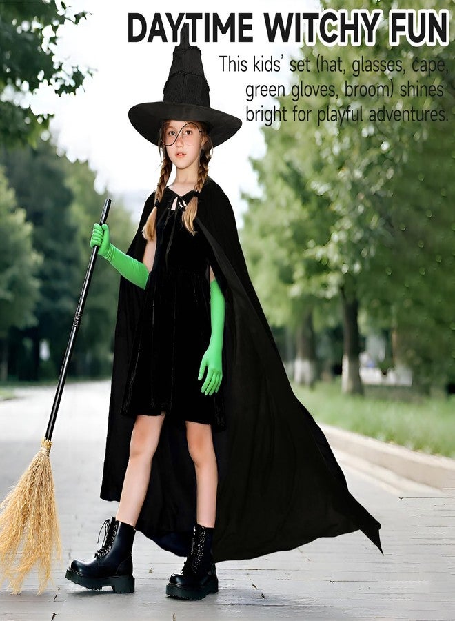 VZQI 3 Pcs Wicked Kids Witch Costume Girls Green Witch Movie Cosplay Halloween Witches Hat Cape Glasses Accessories Set 6-12T - Image 4