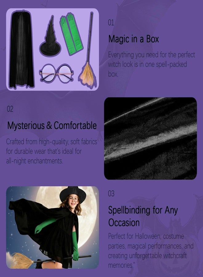 VZQI 3 Pcs Wicked Kids Witch Costume Girls Green Witch Movie Cosplay Halloween Witches Hat Cape Glasses Accessories Set 6-12T - Image 3