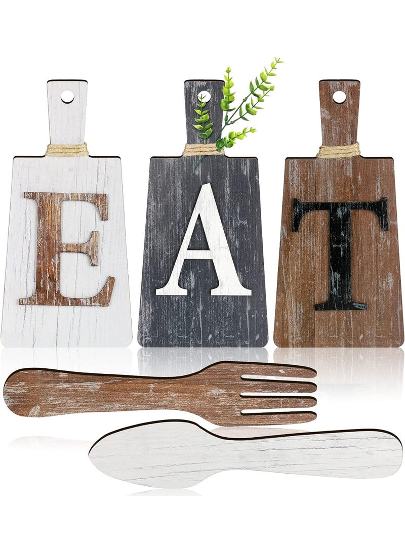 Relex Cutting Board Eat Sign Set Hanging Art Kitchen Eat Sign Fork and Spoon Wall Decor Rustic Primitive Country Farmhouse Kitchen Decor for Home Decoration (White, Grey, Brown) - Image 1