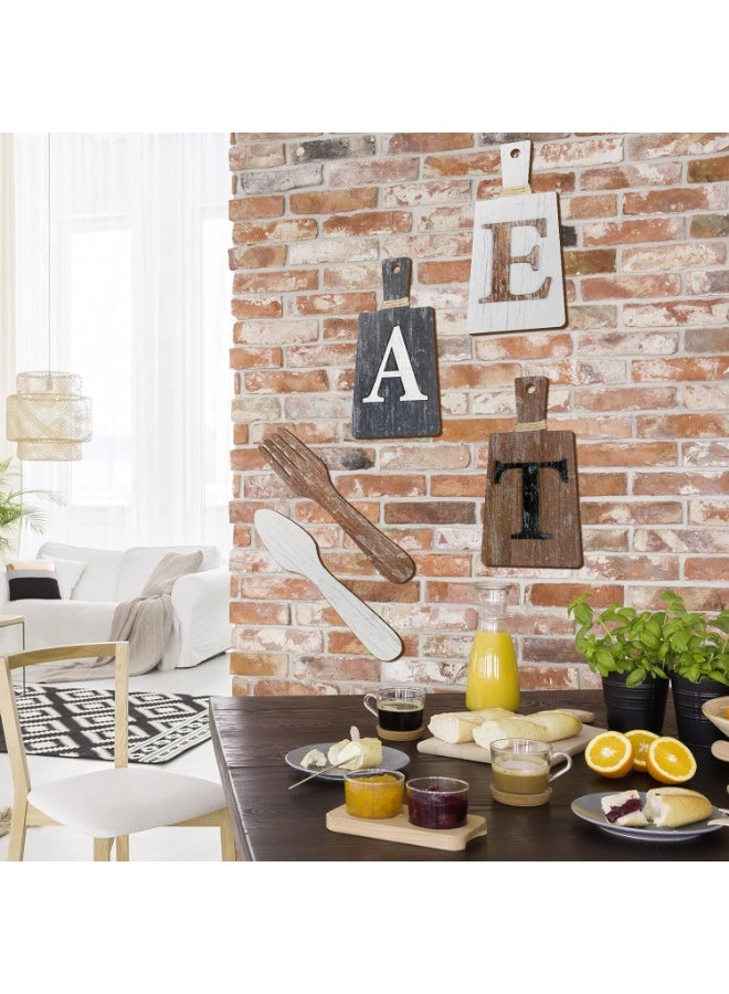 Relex Cutting Board Eat Sign Set Hanging Art Kitchen Eat Sign Fork and Spoon Wall Decor Rustic Primitive Country Farmhouse Kitchen Decor for Home Decoration (White, Grey, Brown) - Image 2