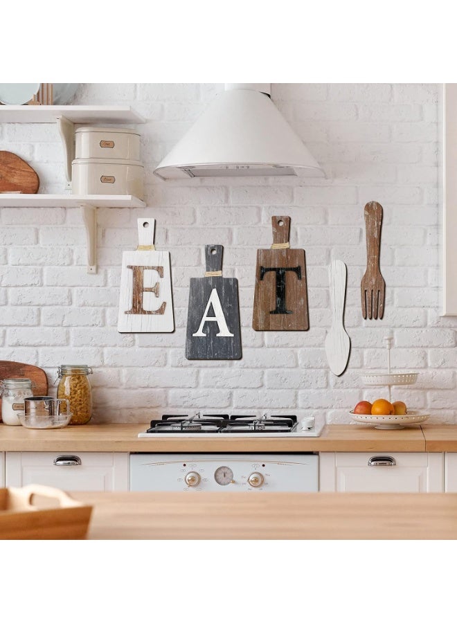 Relex Cutting Board Eat Sign Set Hanging Art Kitchen Eat Sign Fork and Spoon Wall Decor Rustic Primitive Country Farmhouse Kitchen Decor for Home Decoration (White, Grey, Brown) - Image 5