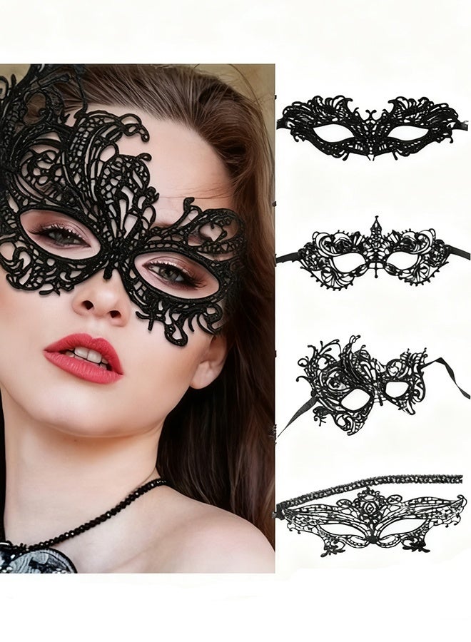 Happy D 4 Pieces Women Lace Eye Mask, Masquerade Masks Mysterious Face Venetian Eyemask for Carnival Party Costume Ball, Black - Image 1