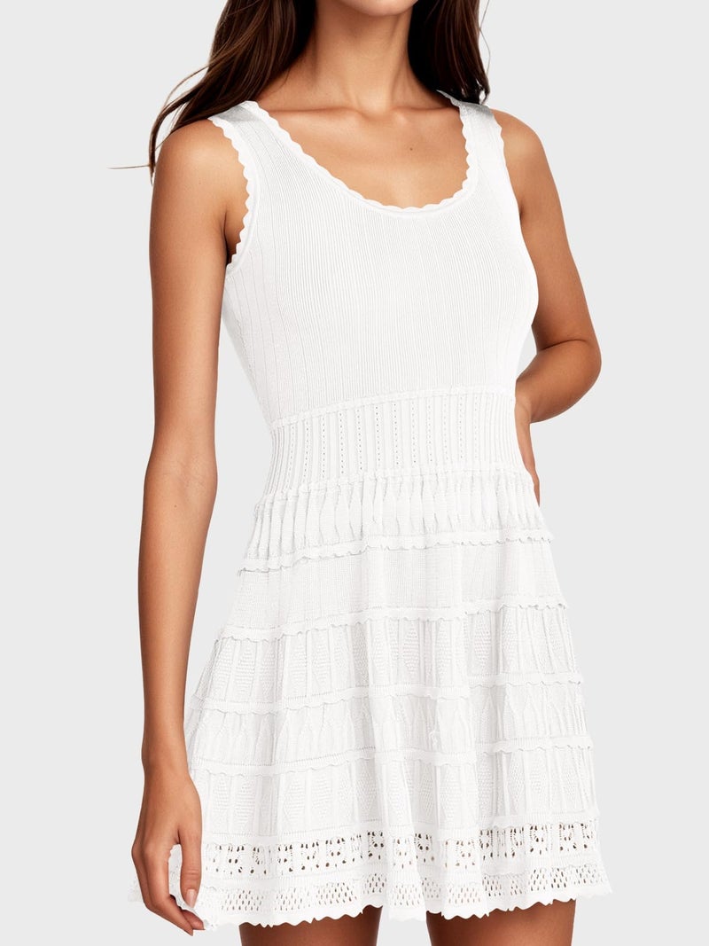 Fisoew Womens Summer Mini Dresses Casual Crewneck Knitted Crochet Hem Flowy Tank Sundress White - Image 4