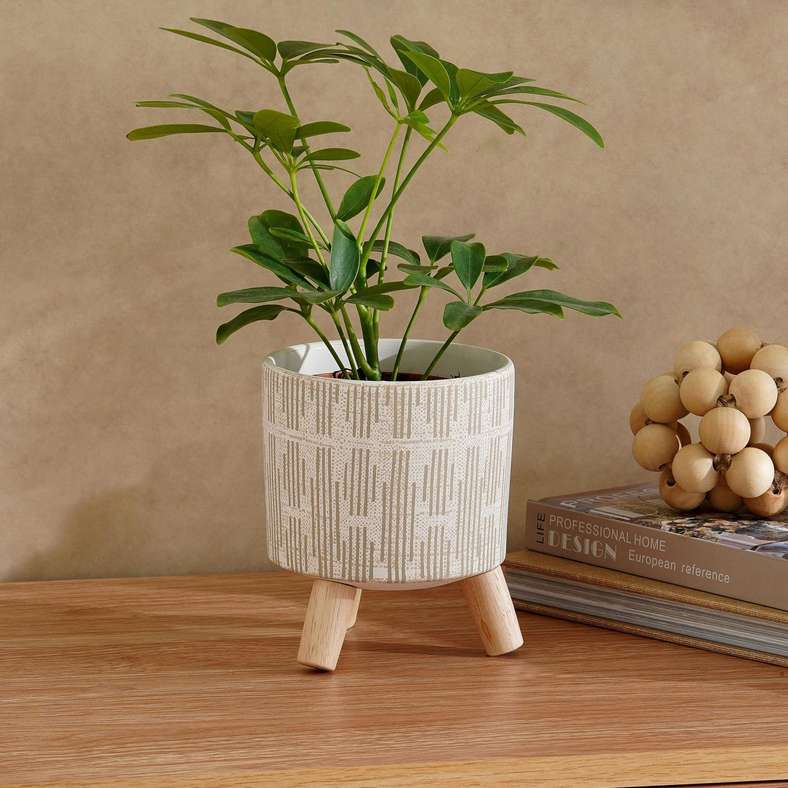 Pan Home وعاء فيليكس من الطين مع قاعدة خشبية - أبيض