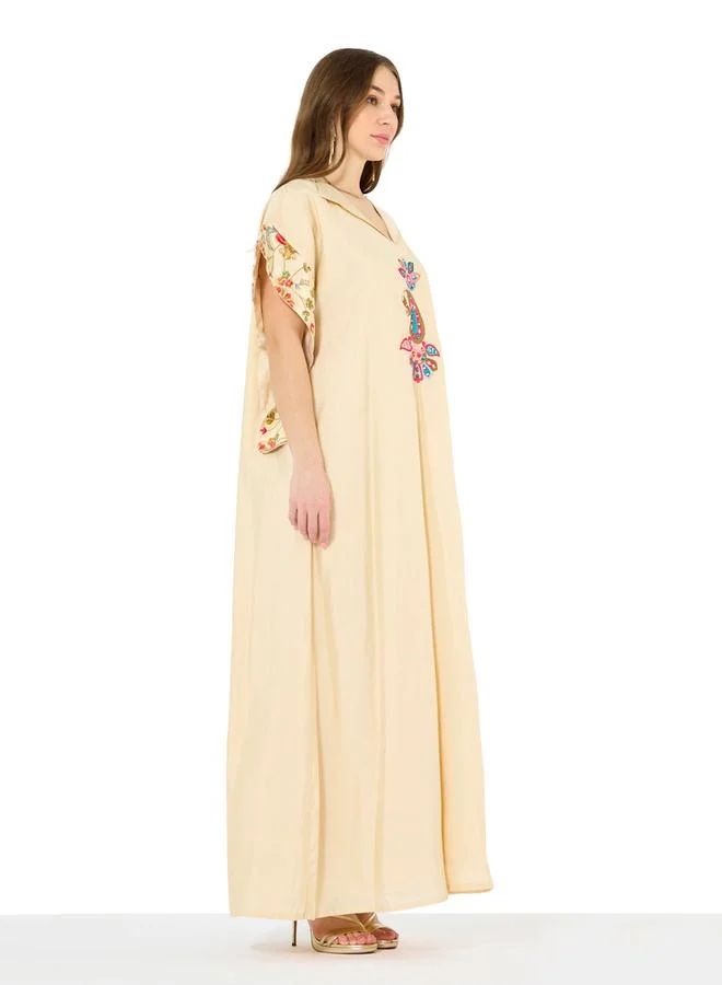 Thouq Beige A-Line Maxi Jalabiya with Colorful Embroidery